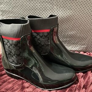 Coach Glossy Black Rain Boots with Red Accent